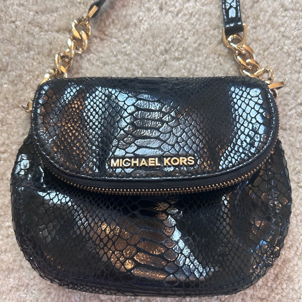 Michael Kors Shiny Black Snake-Embossed Crossbody Bag